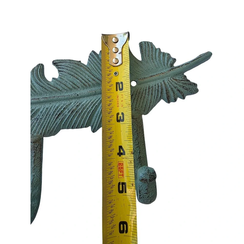 Vintage Cast Iron Feather Wall Hook Rack 3 Hooks Verdigris Green Rustic Decor K3
